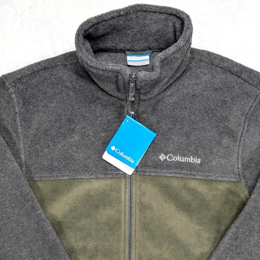 Columbia Mens Full Zip Fleece Jacket Medium Charcoal Olive Green Colorblock NEW